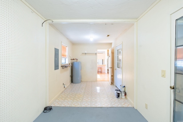 hallway with electric water heater, electric panel, and baseboards