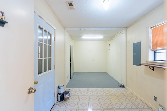 corridor featuring visible vents and electric panel