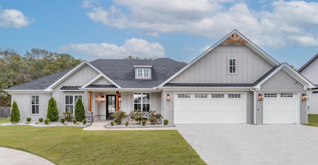 view of front of home featuring brick siding, roof with shingles, board and batten siding, driveway, and a front lawn