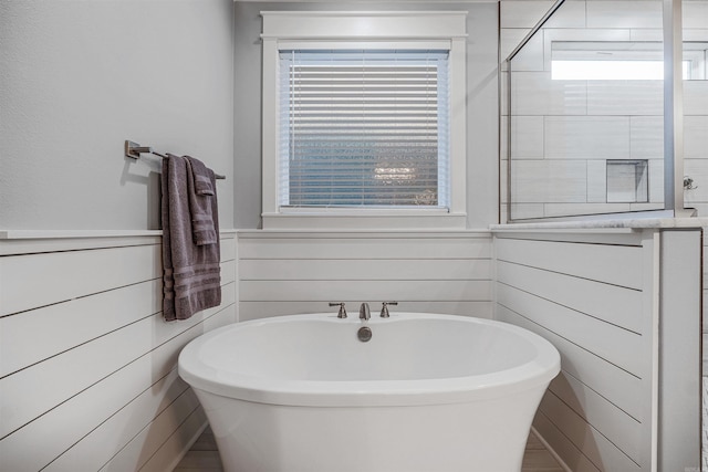 bathroom with a wainscoted wall, plenty of natural light, and a freestanding bath