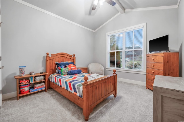 bedroom featuring baseboards, lofted ceiling with beams, ceiling fan, ornamental molding, and carpet