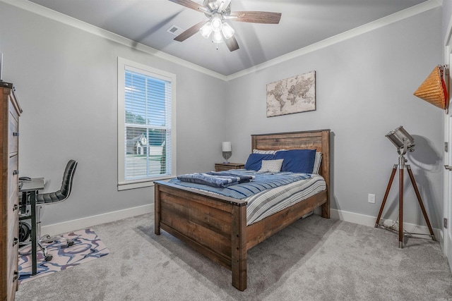 bedroom featuring baseboards, crown molding, visible vents, and carpet flooring