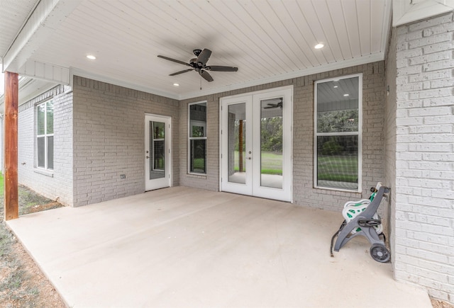 view of patio with a ceiling fan and french doors