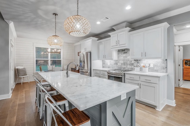 kitchen featuring a center island with sink, backsplash, appliances with stainless steel finishes, a sink, and light wood-type flooring