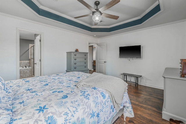 bedroom with baseboards, a ceiling fan, dark wood-style floors, ornamental molding, and a tray ceiling