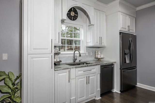 kitchen featuring black dishwasher, light stone counters, dark wood-type flooring, stainless steel refrigerator with ice dispenser, and a sink