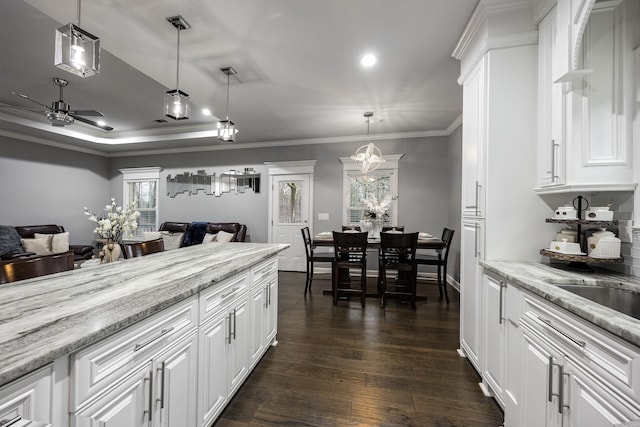 kitchen with crown molding, dark wood-type flooring, open floor plan, white cabinets, and light stone countertops