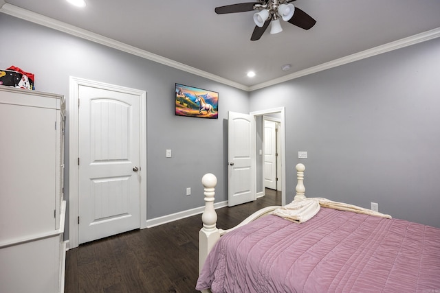 bedroom featuring ornamental molding, recessed lighting, baseboards, and wood finished floors