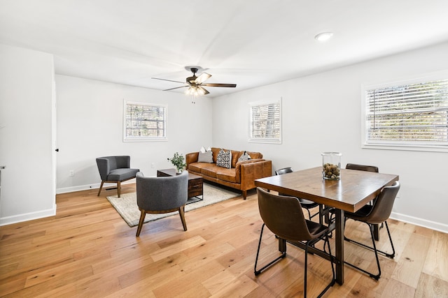 dining space with ceiling fan, light wood-type flooring, and baseboards