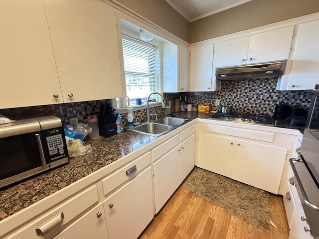 kitchen with tile counters, backsplash, appliances with stainless steel finishes, a sink, and under cabinet range hood