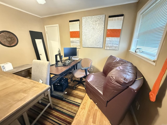 office featuring ornamental molding and wood finished floors