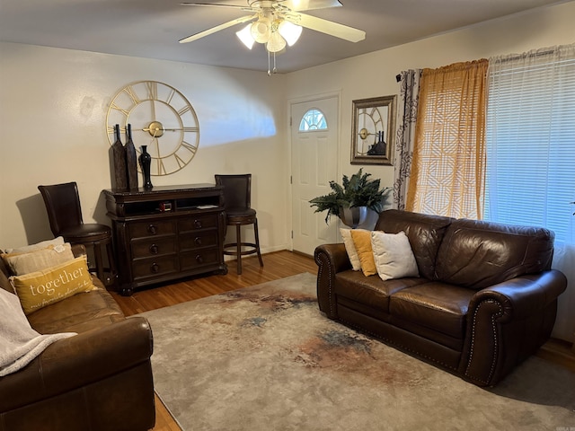 living area featuring ceiling fan and wood finished floors