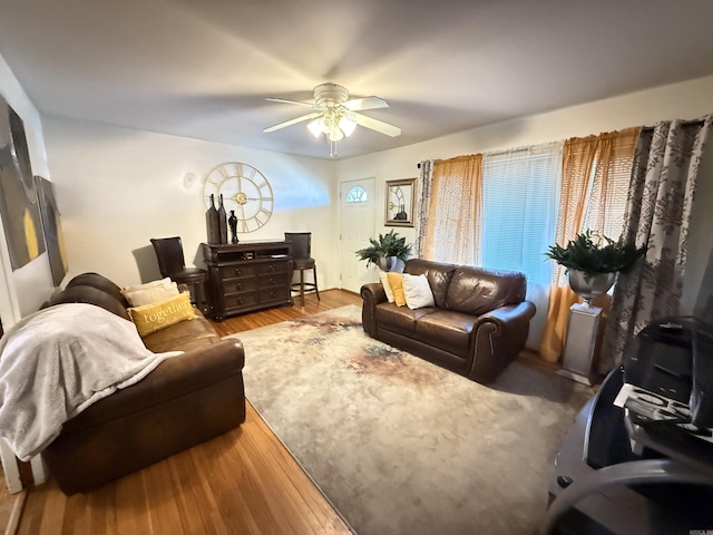 living area featuring a healthy amount of sunlight, ceiling fan, and wood finished floors