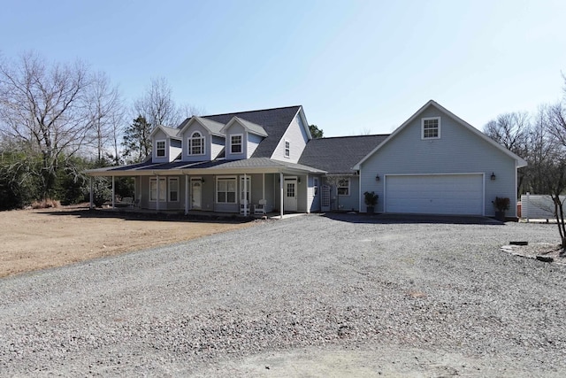 country-style home featuring driveway, an attached garage, and a porch