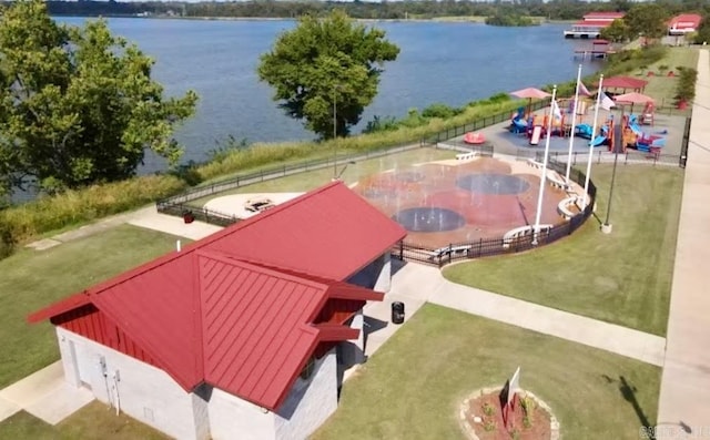 drone / aerial view with a water view