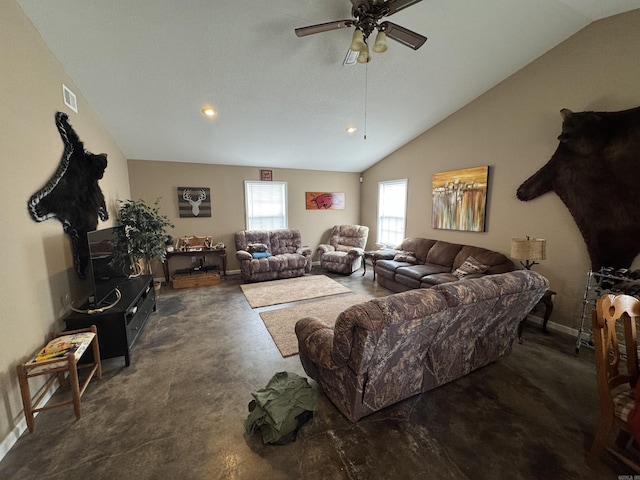 living room with baseboards, visible vents, vaulted ceiling, and a ceiling fan