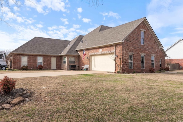 view of front facade featuring a garage, brick siding, concrete driveway, roof with shingles, and a front lawn