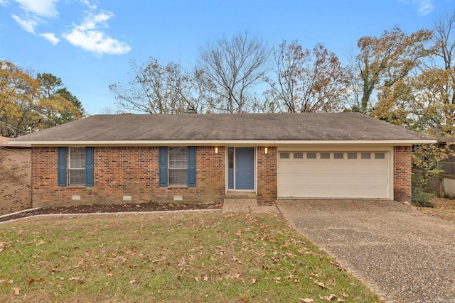 single story home with a garage, brick siding, concrete driveway, crawl space, and a front lawn