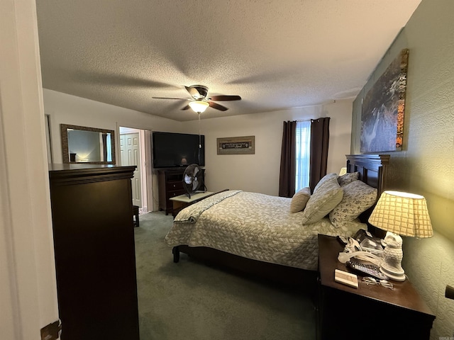 bedroom featuring ceiling fan, a textured ceiling, carpet flooring, and a textured wall