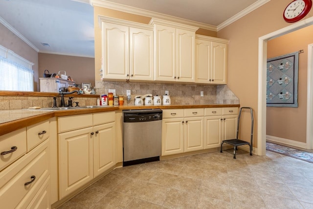 kitchen featuring a sink, baseboards, dishwasher, tasteful backsplash, and crown molding