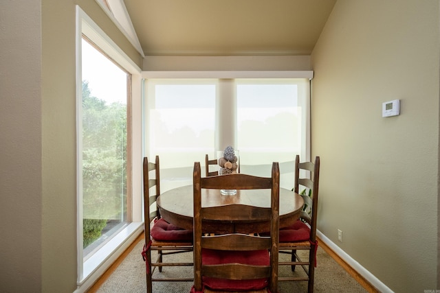 dining room featuring lofted ceiling, baseboards, a wealth of natural light, and wood finished floors