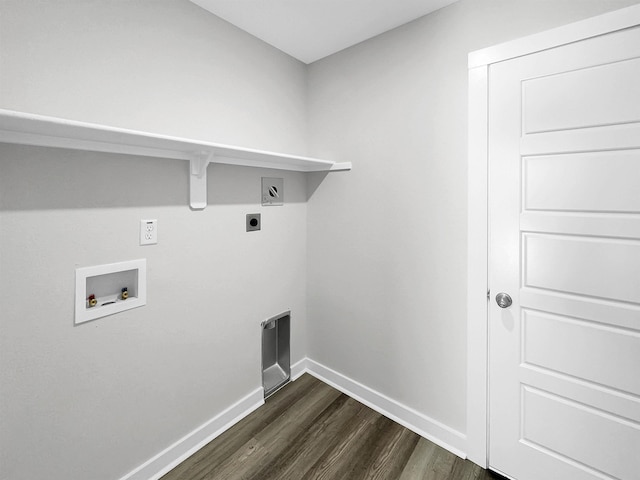 clothes washing area with laundry area, baseboards, dark wood finished floors, hookup for an electric dryer, and washer hookup