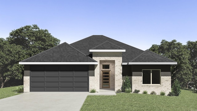 view of front of property featuring a shingled roof, concrete driveway, an attached garage, a front lawn, and brick siding