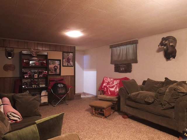 carpeted living area with a wainscoted wall and wooden walls