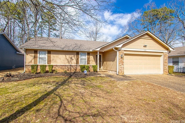 ranch-style house featuring an attached garage, driveway, a front lawn, and brick siding