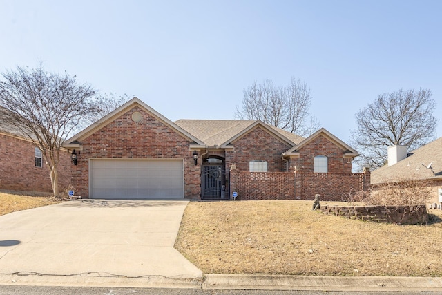 ranch-style home featuring a garage, concrete driveway, brick siding, and roof with shingles