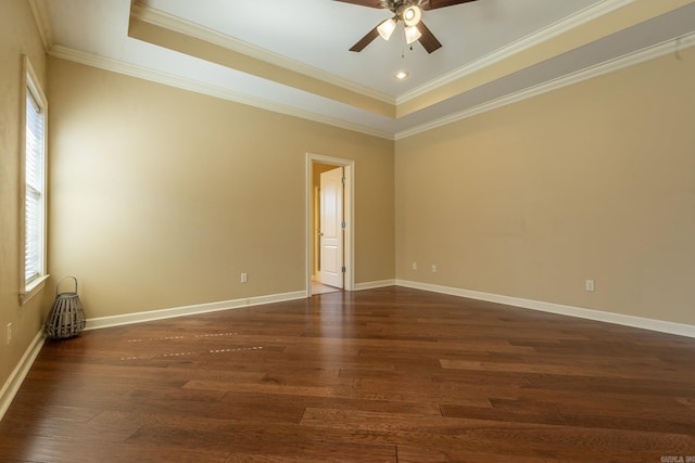 empty room featuring plenty of natural light, a tray ceiling, and dark wood-style flooring