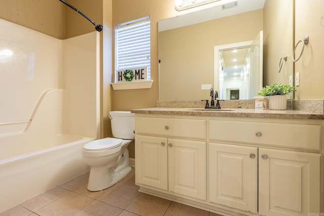 full bathroom with toilet, visible vents, bathing tub / shower combination, vanity, and tile patterned floors