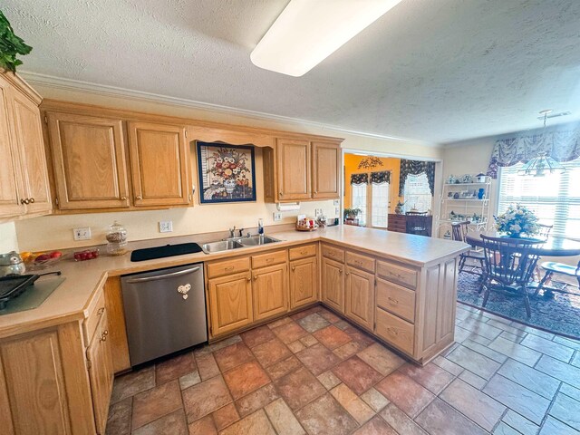 2407 Brittany, Searcy, AR 72143 - kitchen with a textured ceiling, a peninsula, a sink, light countertops, and stainless steel dishwasher