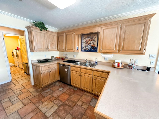 2407 Brittany, Searcy, AR 72143 - kitchen featuring washer and clothes dryer, light countertops, crown molding, stainless steel dishwasher, and a sink