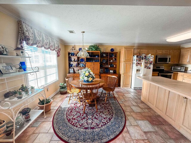2407 Brittany, Searcy, AR 72143 - dining space with a toaster, visible vents, a textured ceiling, and stone tile floors