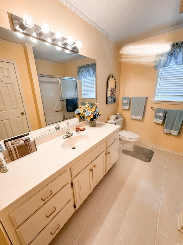 2407 Brittany, Searcy, AR 72143 - bathroom with ornamental molding, a stall shower, tile patterned flooring, and vanity