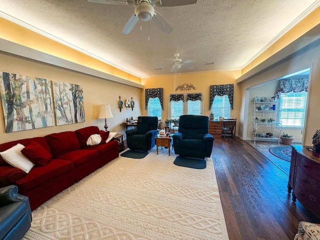 2407 Brittany, Searcy, AR 72143 - living area featuring ornamental molding, a ceiling fan, a textured ceiling, wood finished floors, and baseboards