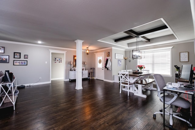 interior space with coffered ceiling, wood finished floors, decorative columns, and baseboards