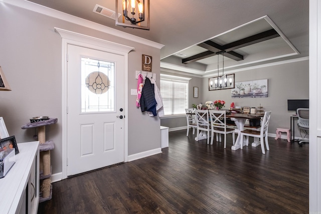 foyer with a chandelier, dark wood-style flooring, visible vents, baseboards, and beamed ceiling