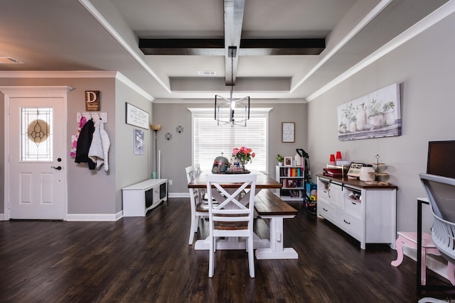 dining area with visible vents, coffered ceiling, baseboards, dark wood finished floors, and beam ceiling