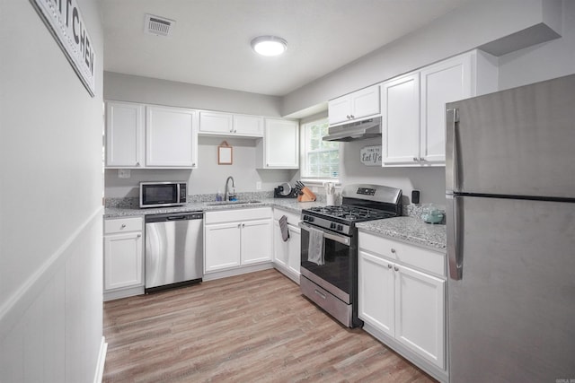 kitchen featuring visible vents, appliances with stainless steel finishes, white cabinetry, a sink, and under cabinet range hood