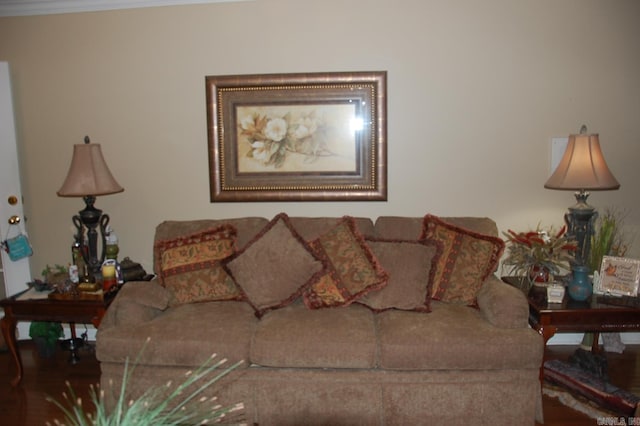 living room featuring crown molding