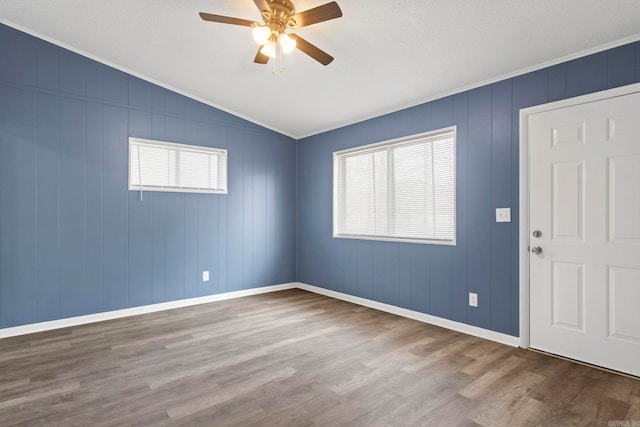 empty room featuring lofted ceiling, a healthy amount of sunlight, and wood finished floors