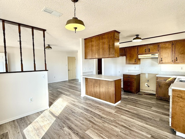 kitchen featuring decorative light fixtures, wood finished floors, visible vents, and under cabinet range hood