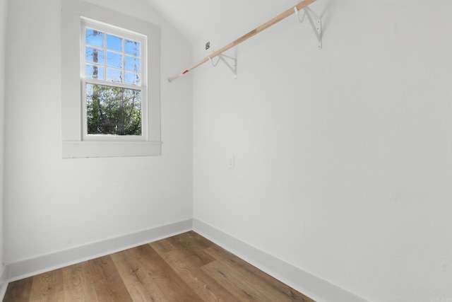 walk in closet featuring lofted ceiling and wood finished floors