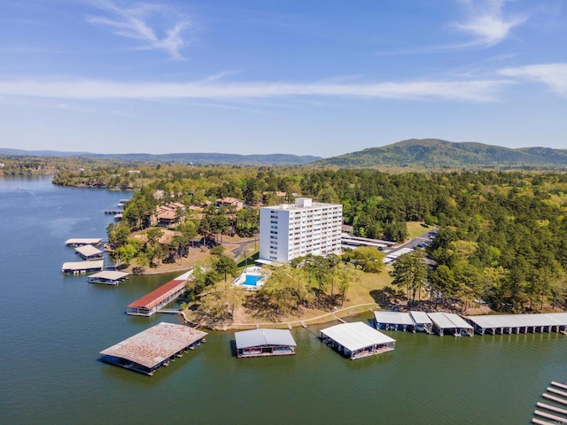 drone / aerial view featuring a view of trees and a water and mountain view