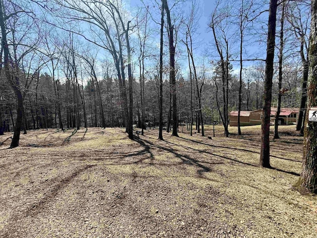 exterior space featuring a wooded view