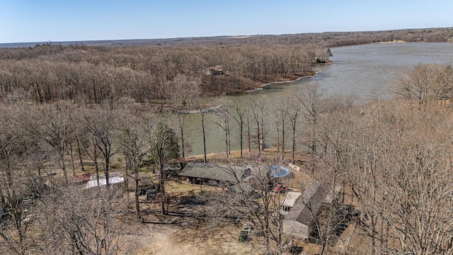 bird's eye view with a water view and a view of trees