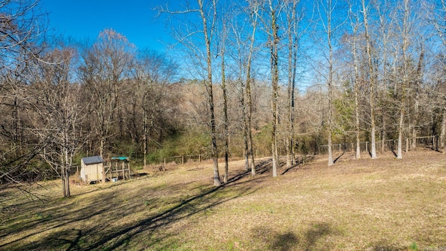 view of yard featuring a storage unit, an outdoor structure, and fence