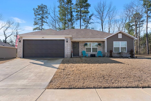 ranch-style house with driveway, brick siding, roof with shingles, and an attached garage